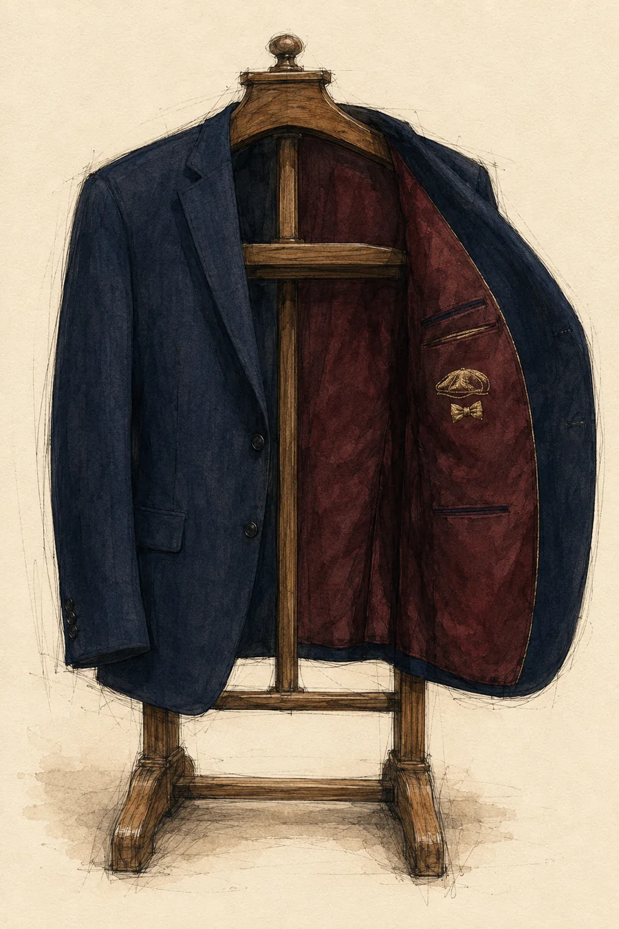 Sketch of a jacket folded open, showing the oxblood lining with Sam's gold cap-and-bow-tie mark
