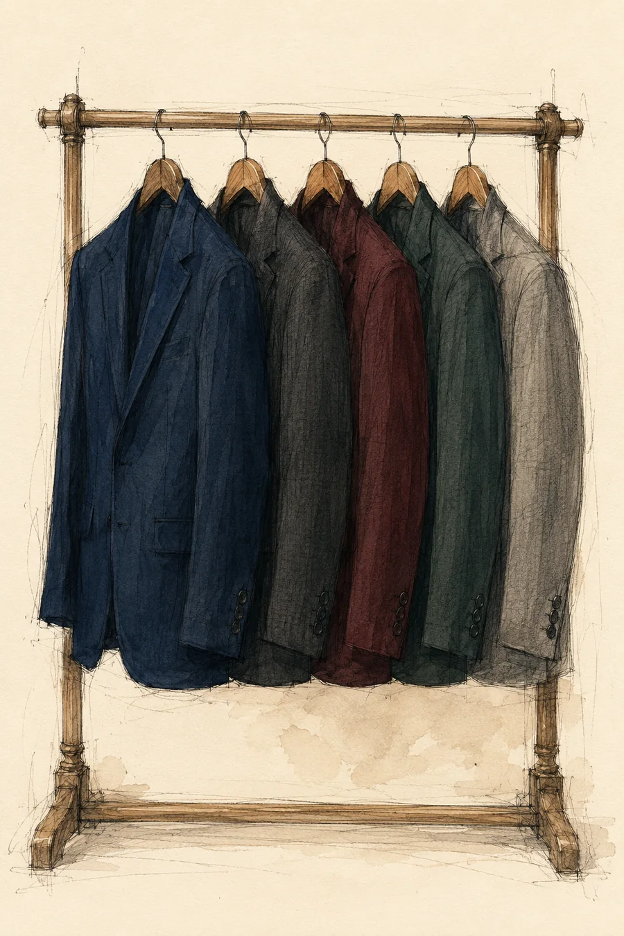 Sketch of a wooden garment rail holding five tailored jackets — navy, charcoal, oxblood, hunter green and grey