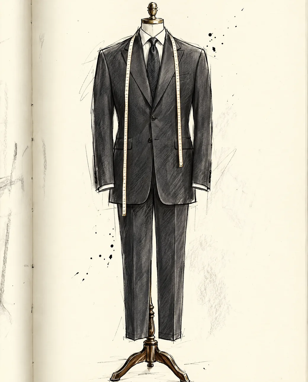 A generously cut charcoal suit on a broad, tall tailor’s dress form, a tape measure draped over the shoulders