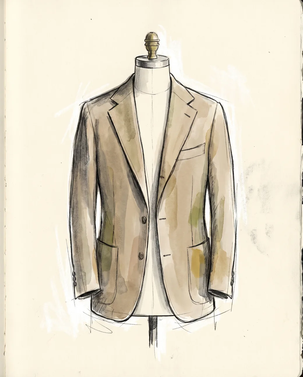 A relaxed unstructured tan sport coat with an open-collar shirt on a dress form