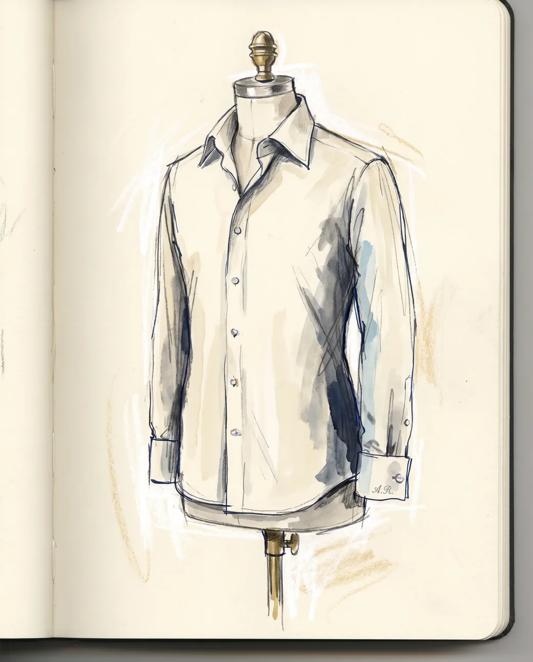 A crisp white bespoke dress shirt with spread collar and French cuff