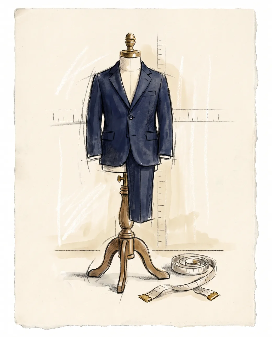 A young boy’s small tailored navy suit on a small dress form