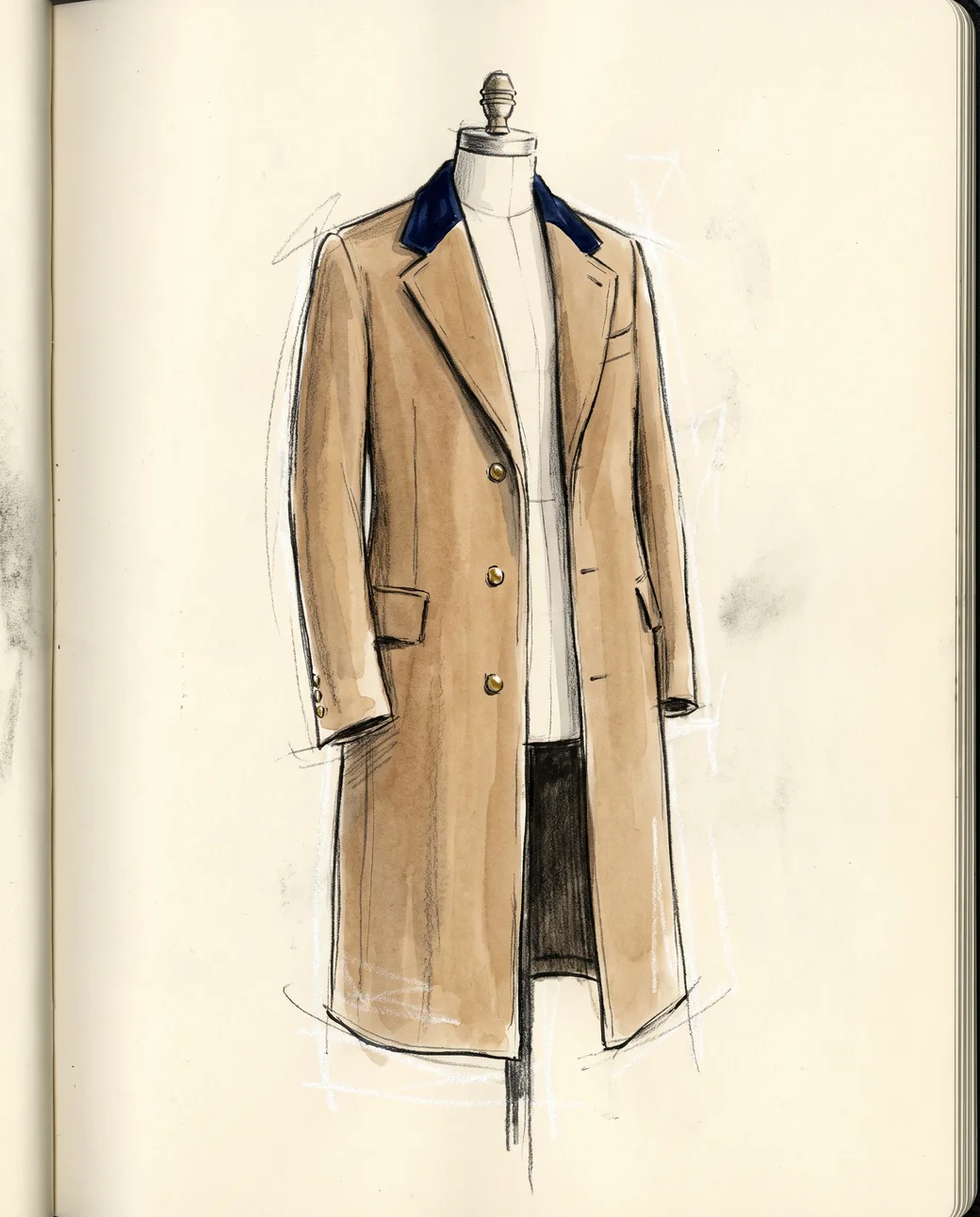 A long tailored Chesterfield overcoat on a dress form