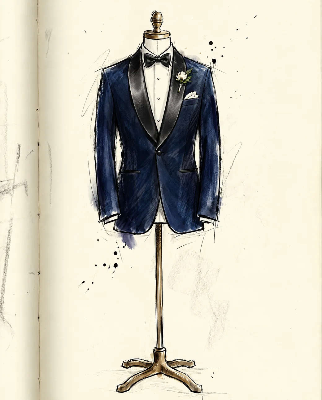 A slim midnight blue dinner jacket with satin shawl lapels, a black bow tie and a white boutonniere on a tailor’s dress form