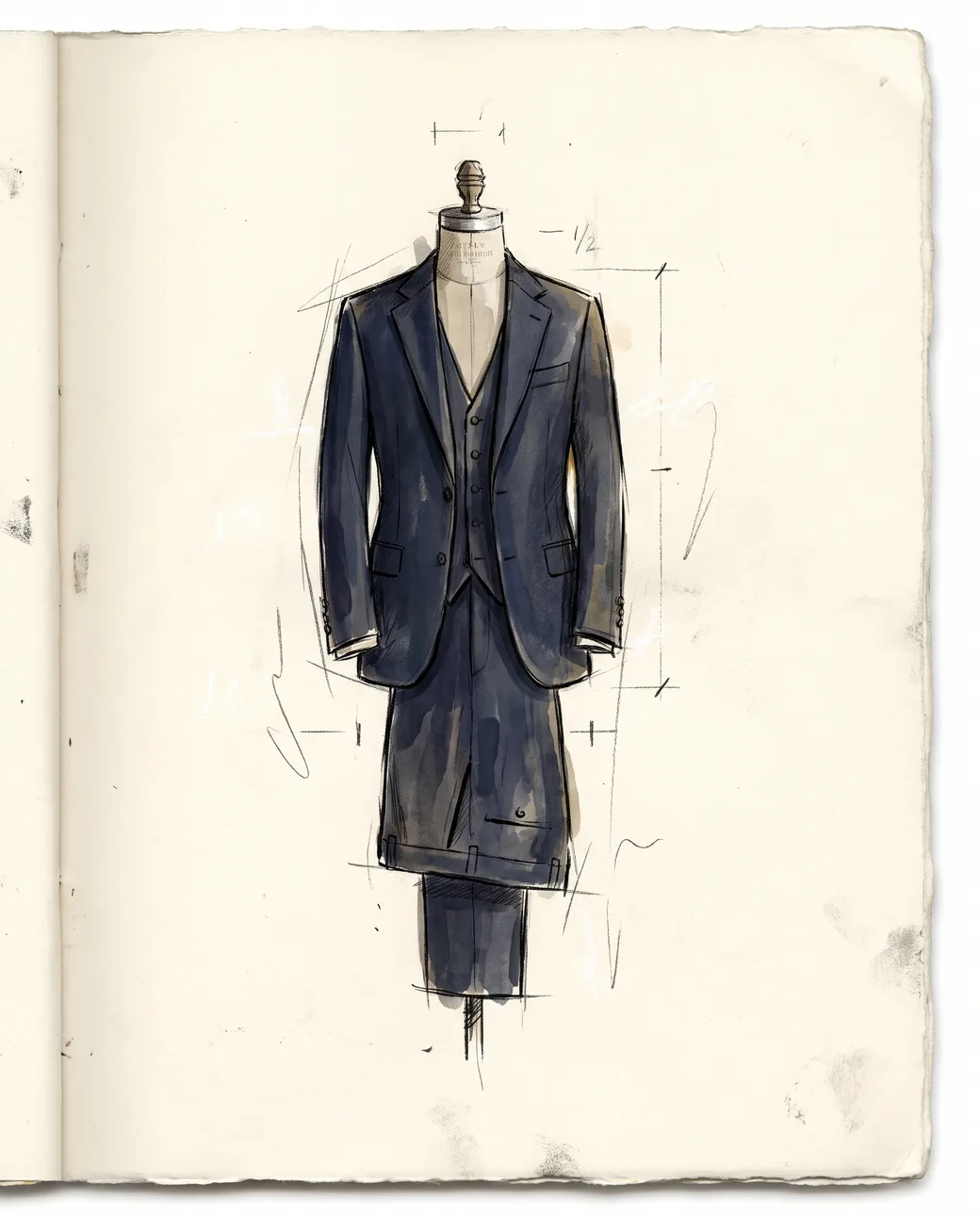 A finished navy three-piece suit on a tailor’s dress form