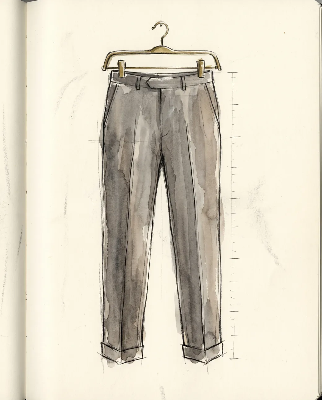 Tailored grey wool trousers on a wooden trouser bar