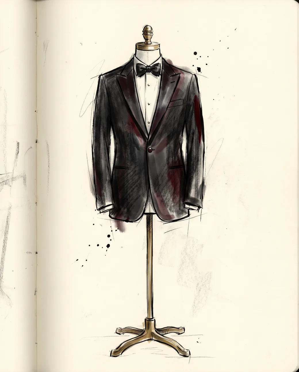 A black tuxedo with satin peak lapels on a dress form