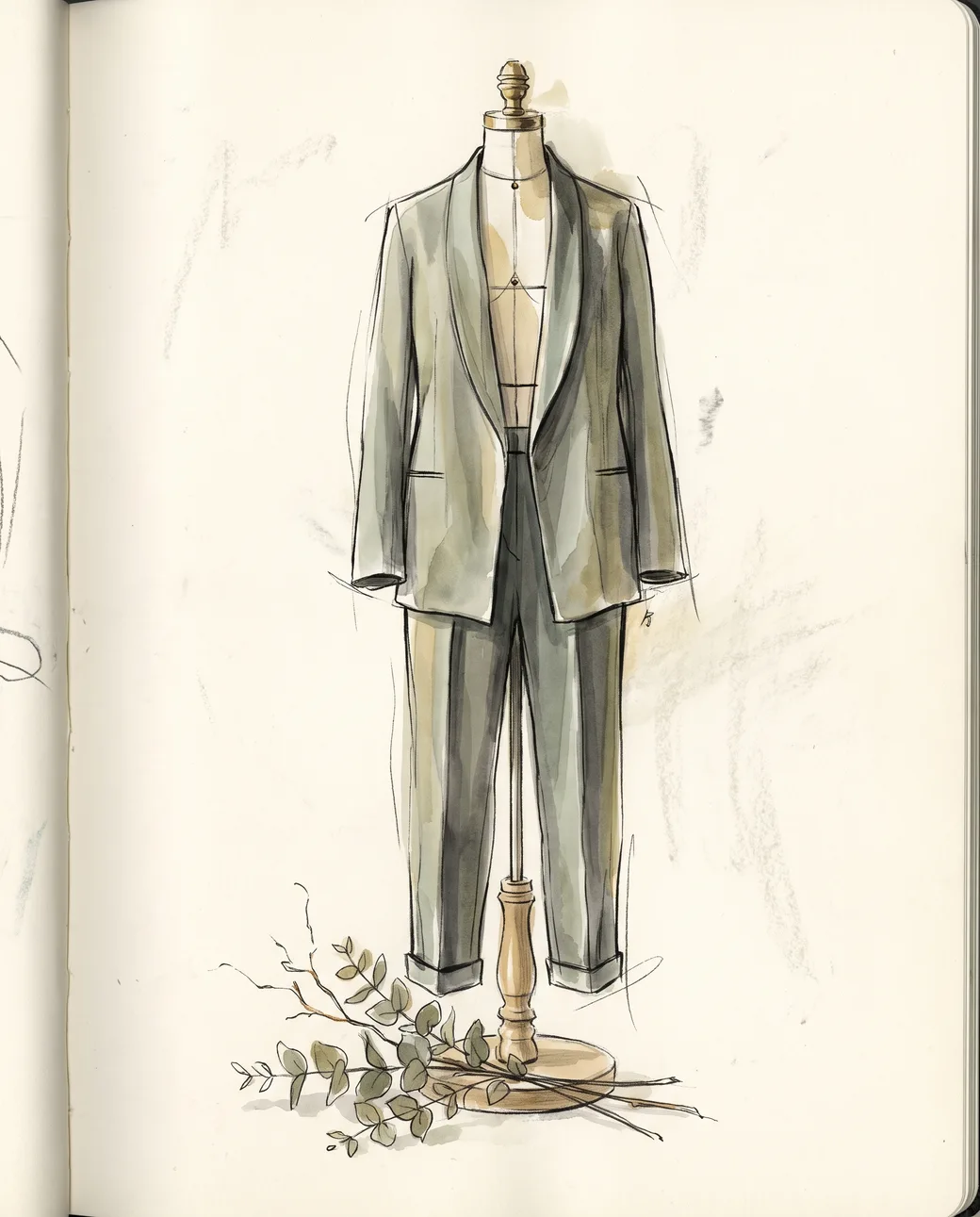 A clean modern tailored suit in natural cruelty-free cloth on a dress form