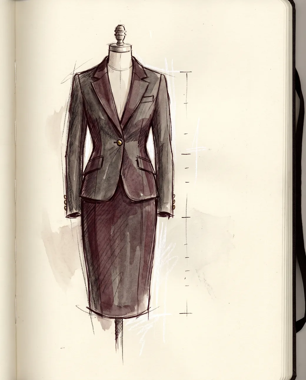 An elegant women’s tailored blazer and pencil skirt on a female dress form