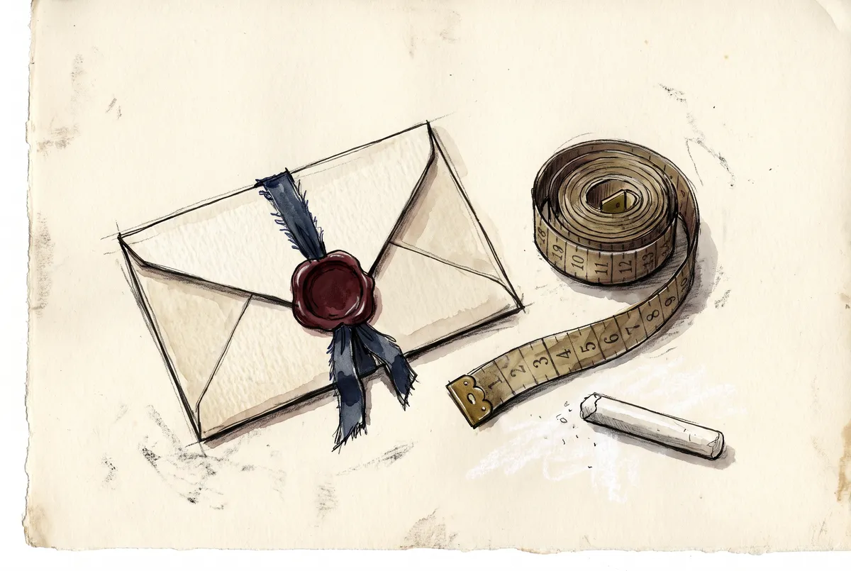 A handwritten gift certificate with a wax seal beside a tailor's measuring tape