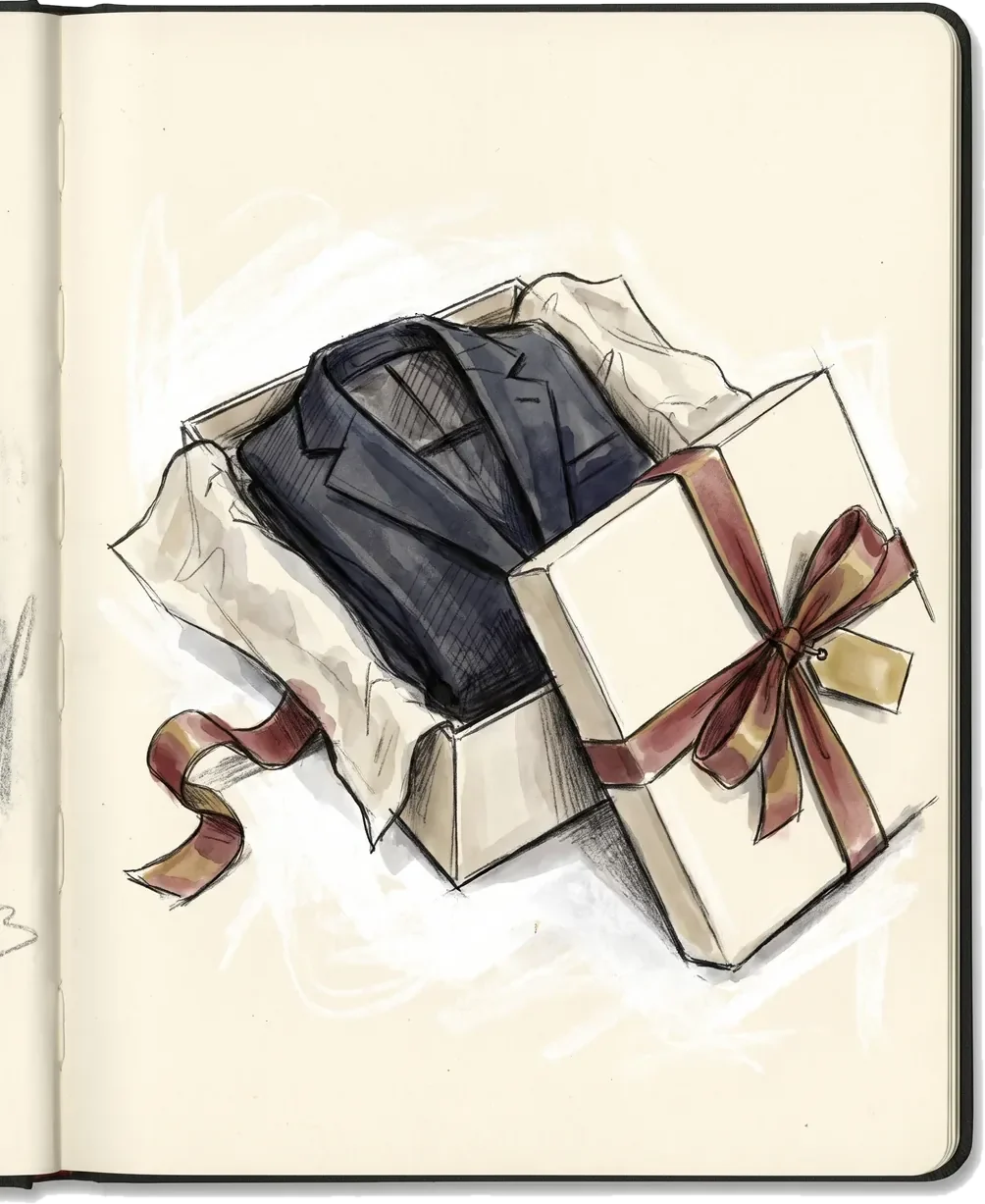 A tailored garment folded in a ribboned gift box, the gift of style from Sam's Menswear