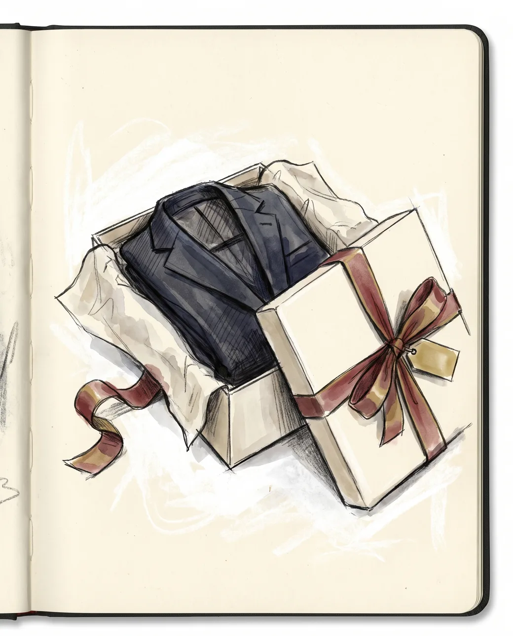 A finished tailored suit folded in an elegant gift box tied with ribbon