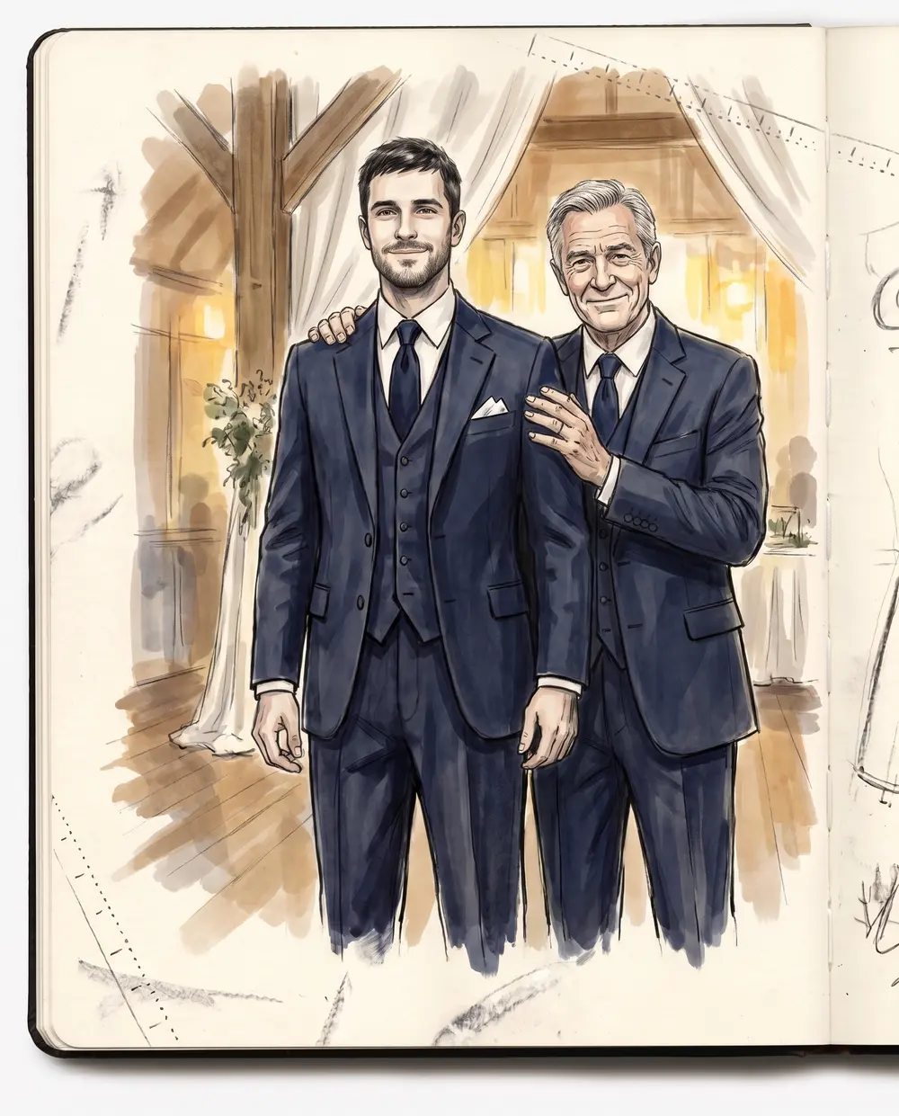 A groom and his father in coordinated navy suits