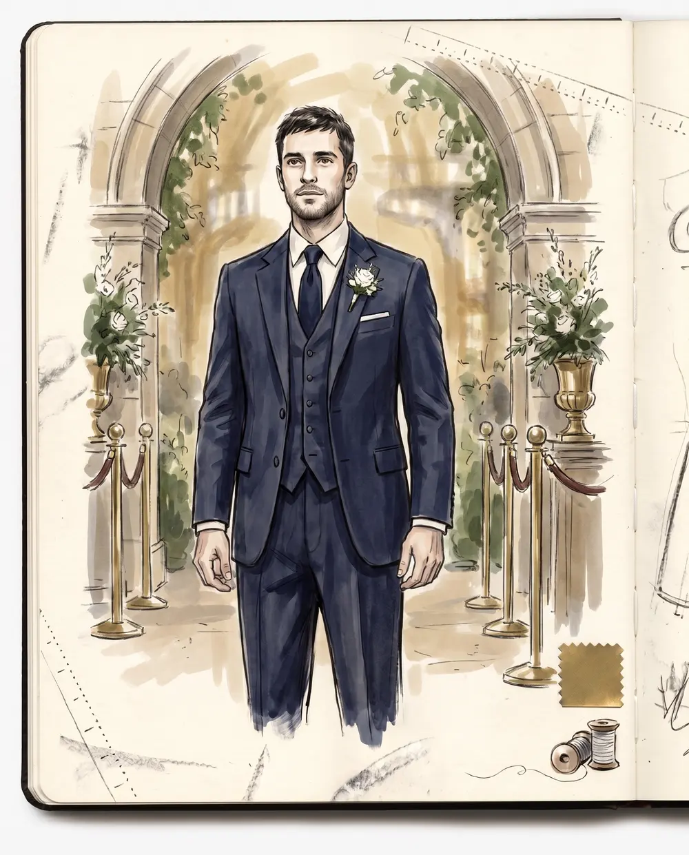 The groom in a deep-navy three-piece wedding suit, drawn at the studio