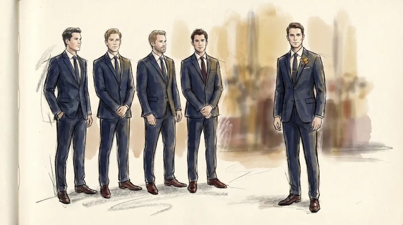 A groom and his groomsmen in coordinated navy suits