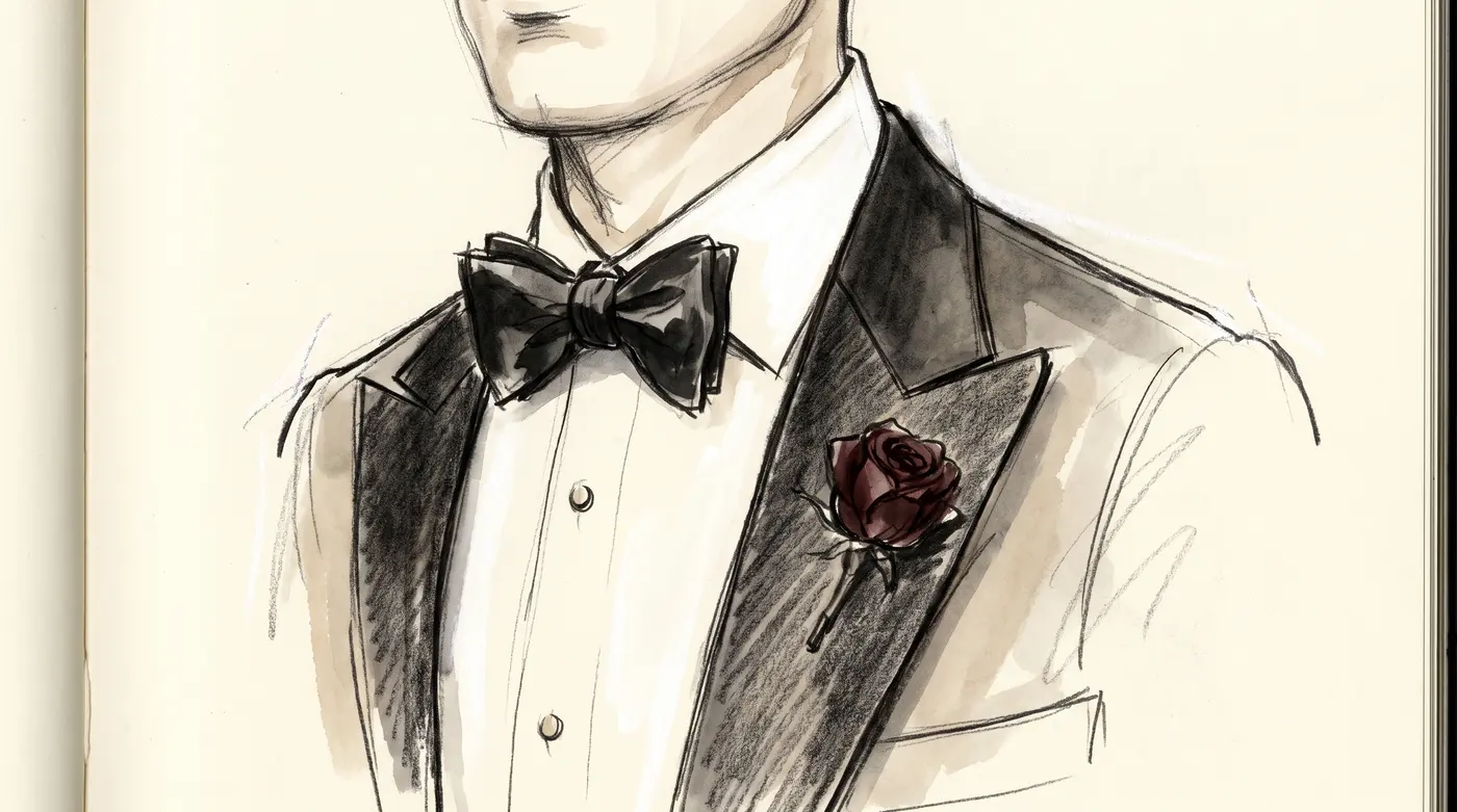 A black tuxedo with satin peak lapel and bow tie
