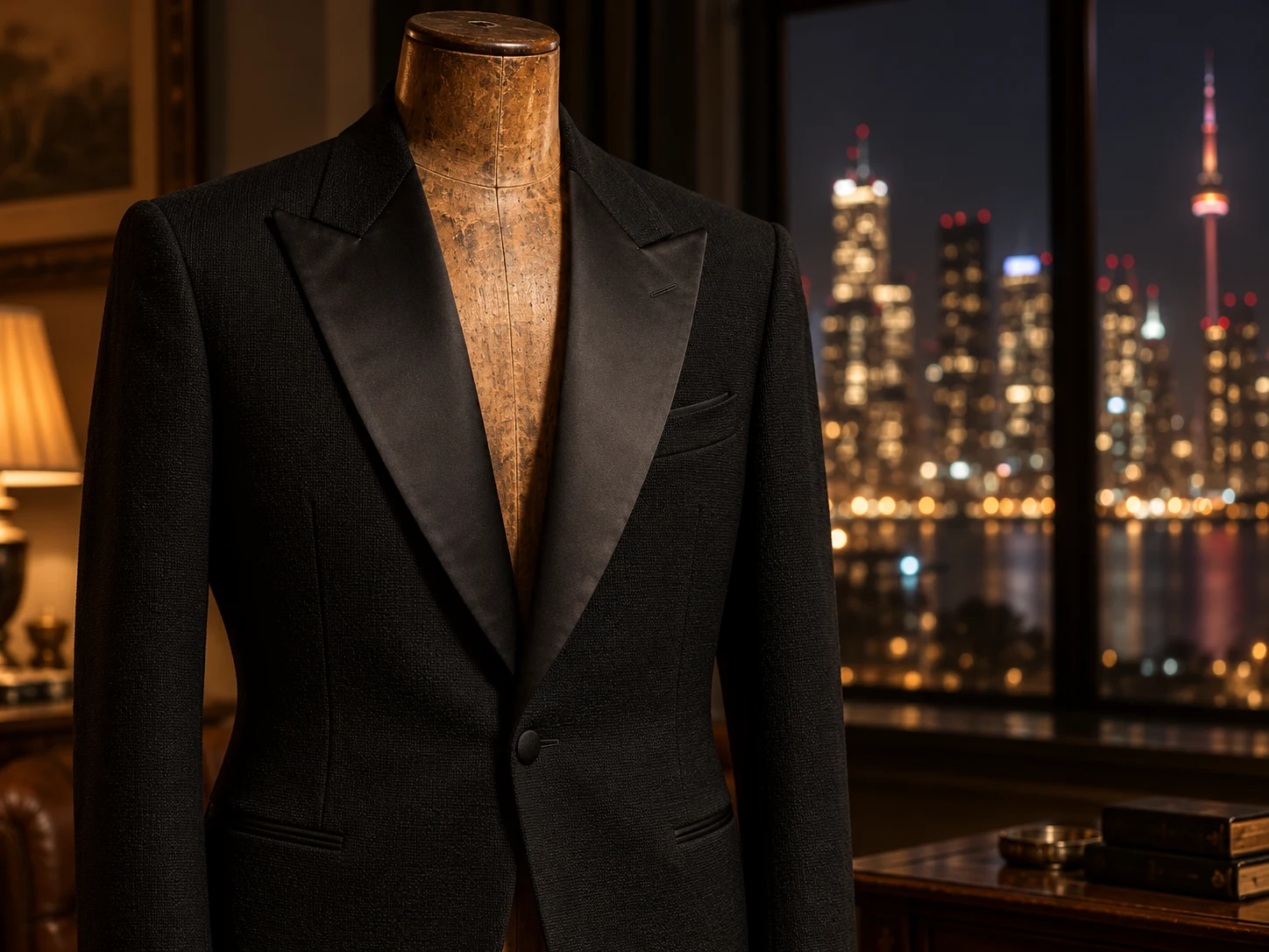 A black dinner jacket fitted on a wooden tailor's form with no head or arms, chest to waist, Toronto's skyline lit up at night out the window