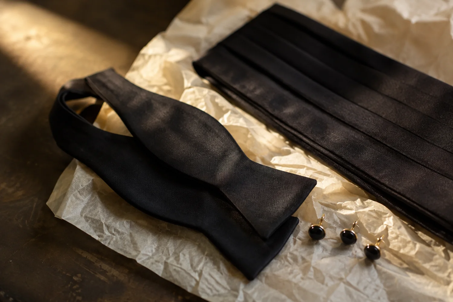 An untied black silk bow tie, a pleated cummerbund and three onyx dress studs laid on cream tissue paper