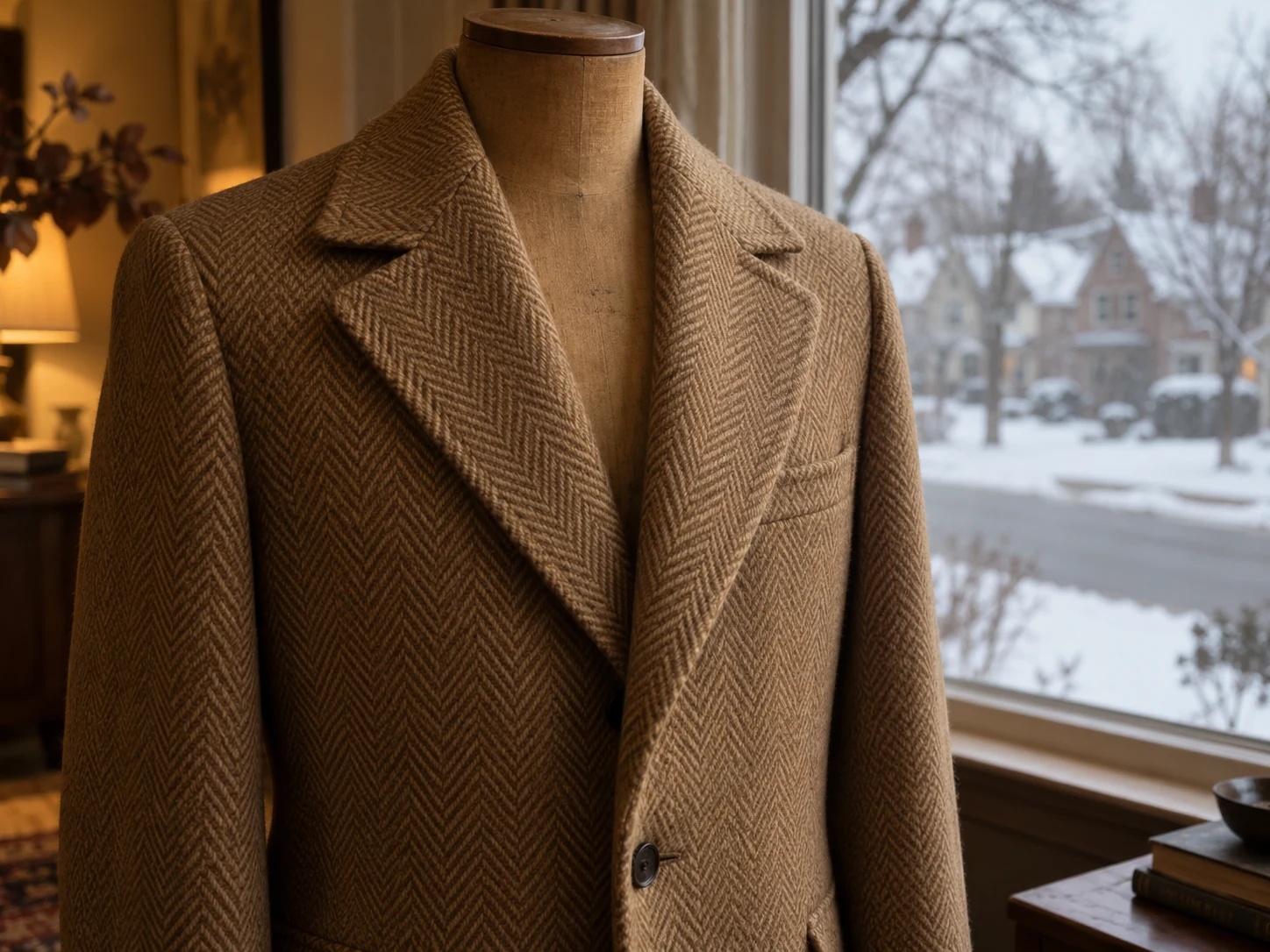 A camel herringbone overcoat fitted on a wooden tailor's form with no head or arms, chest to waist, a snowy Thornhill street out the window