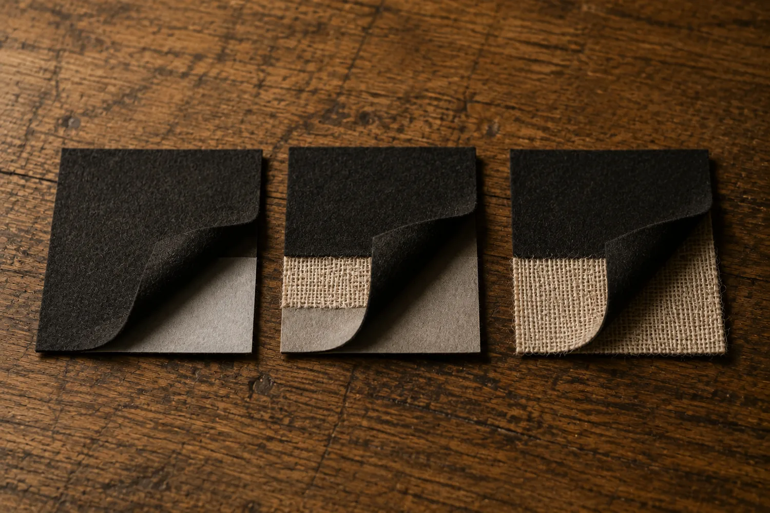 Three jacket-front construction samples on an oak bench, each peeled open at the corner: a fused sample with a smooth synthetic sheet bonded to the fabric, a half-canvassed sample with hair canvas through the upper portion only, and a full-canvassed sample with canvas running the whole depth