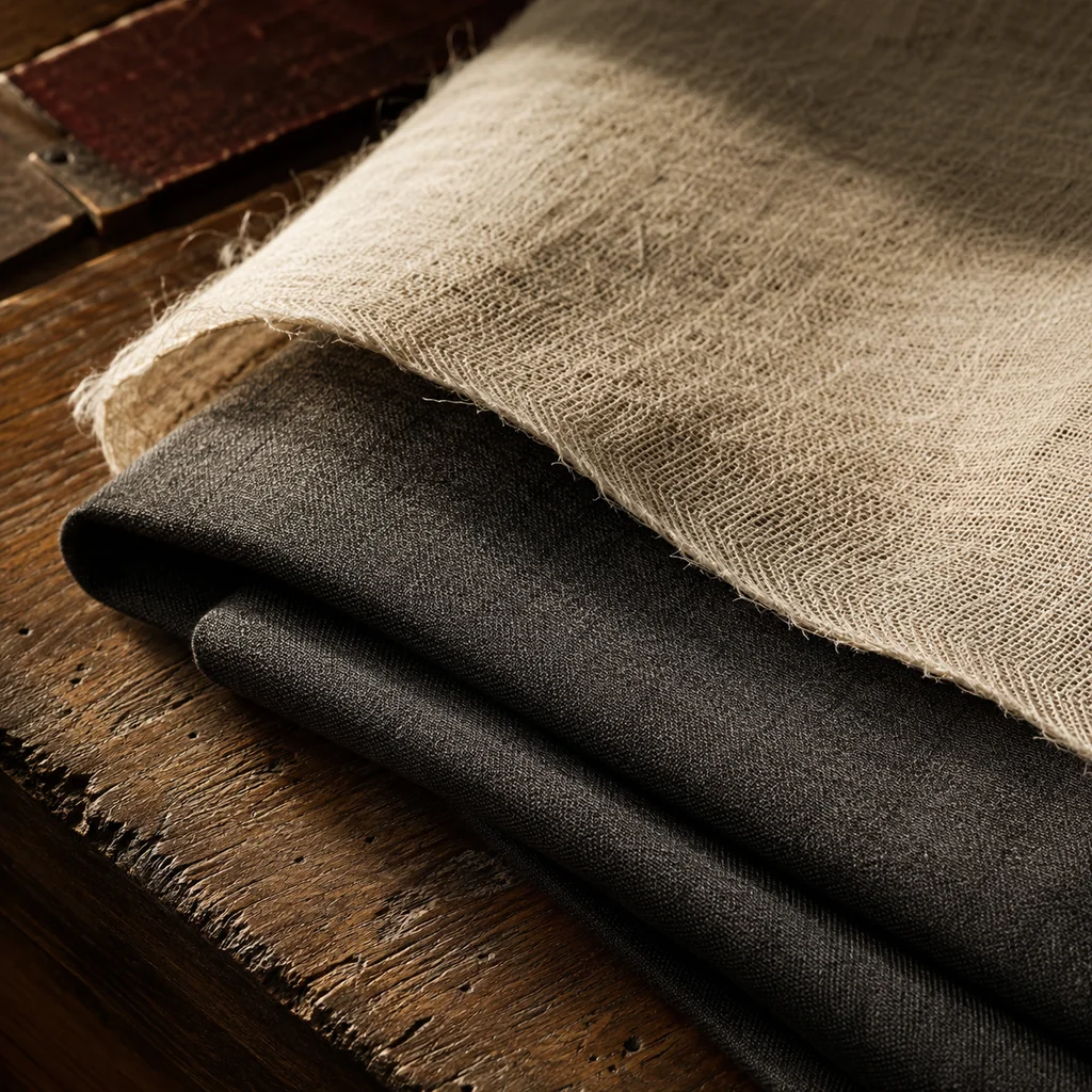 A cut edge of pale canvas interlining laid over folded charcoal suiting, the two weaves clearly different materials