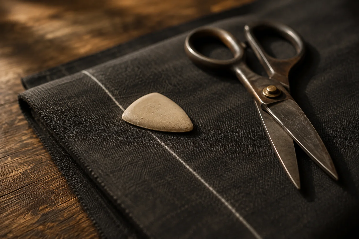Tailor's chalk resting mid-mark on dark charcoal suiting beside open steel shears, one chalk line already drawn