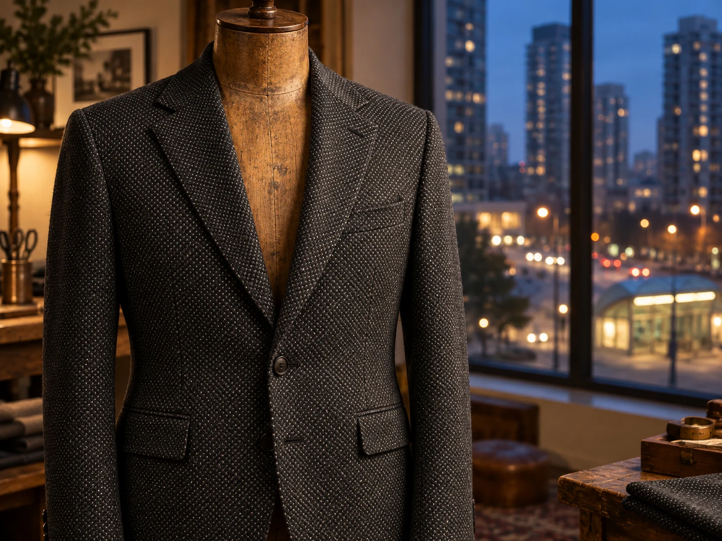 A charcoal birdseye jacket fitted on a wooden tailor's form with no head or arms, chest to waist, a North York streetscape out the window at blue hour