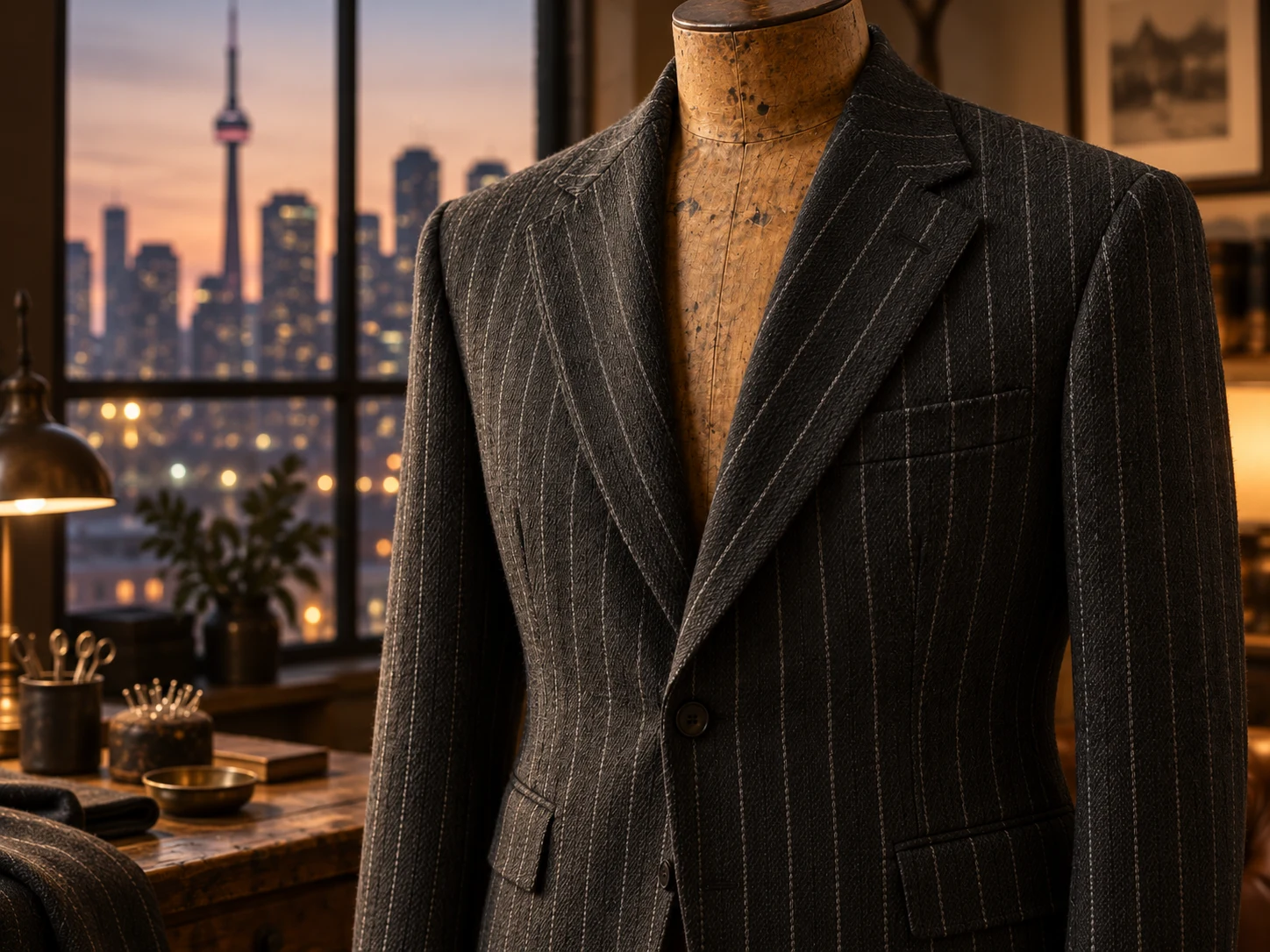 A charcoal pinstripe jacket fitted on a wooden tailor's form with no head or arms, chest to waist, Toronto's downtown skyline out the window at dusk