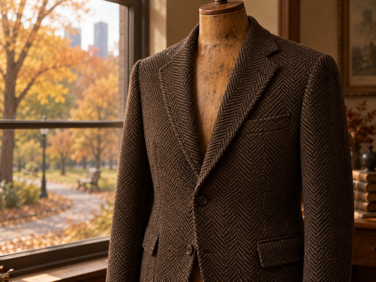 A chocolate herringbone jacket fitted on a wooden tailor's form with no head or arms, chest to waist, a North York park in autumn out the window