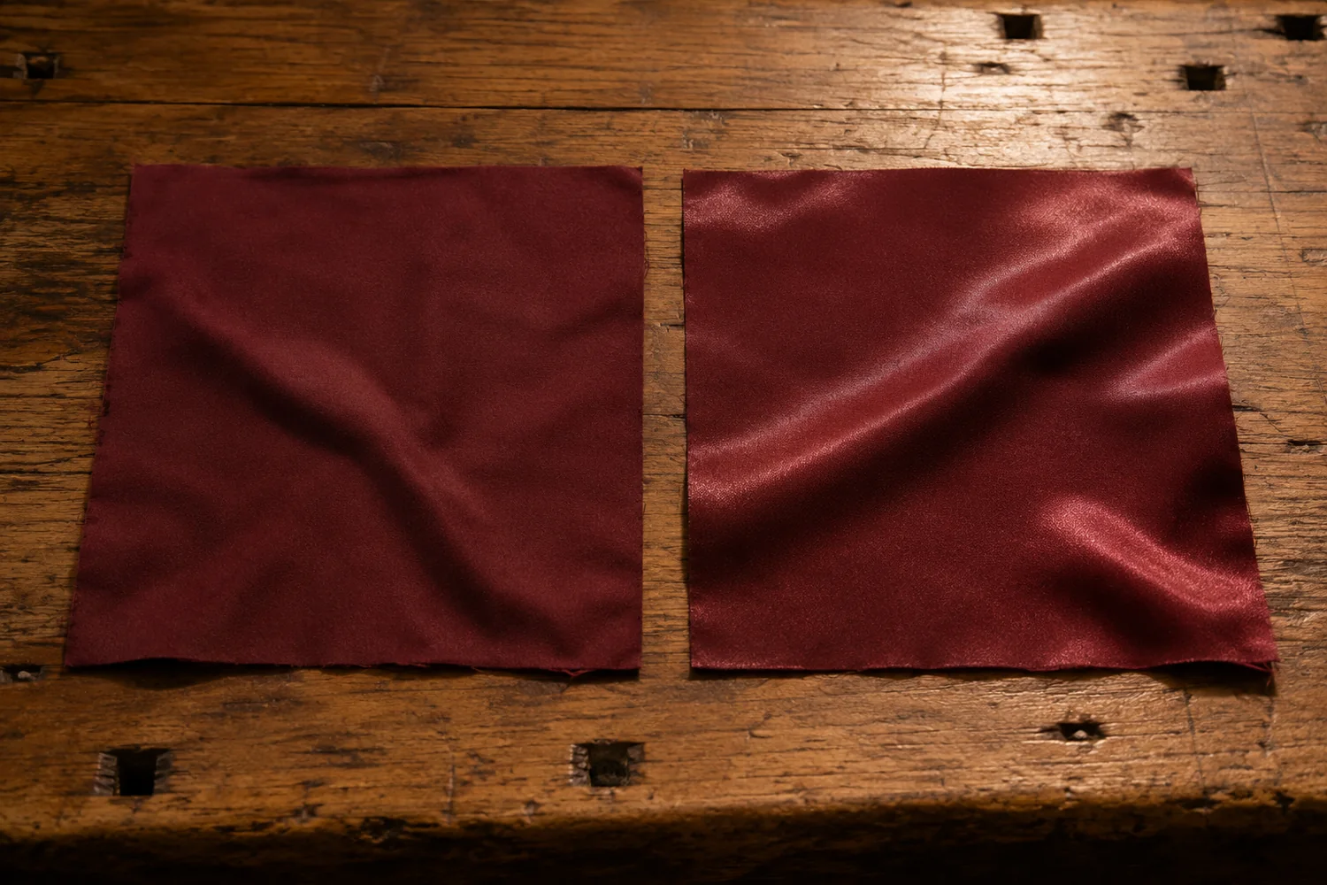 Two squares of burgundy lining side by side on oak under identical light: the left matte and absorbing, the right slick with hard specular highlights