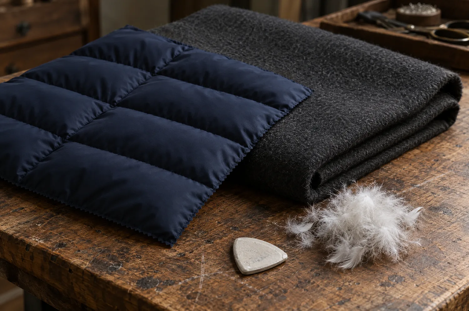 A square of quilted navy down-filled shell fabric laid over folded charcoal wool melton on a worn workbench, with a tuft of loose white down and a piece of tailor's chalk beside them