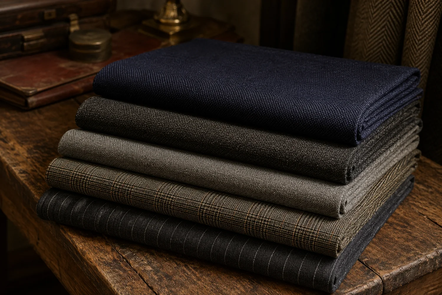 Five folded suiting fabrics stacked with edges stepped: navy, charcoal, grey, a glen check and a chalk stripe