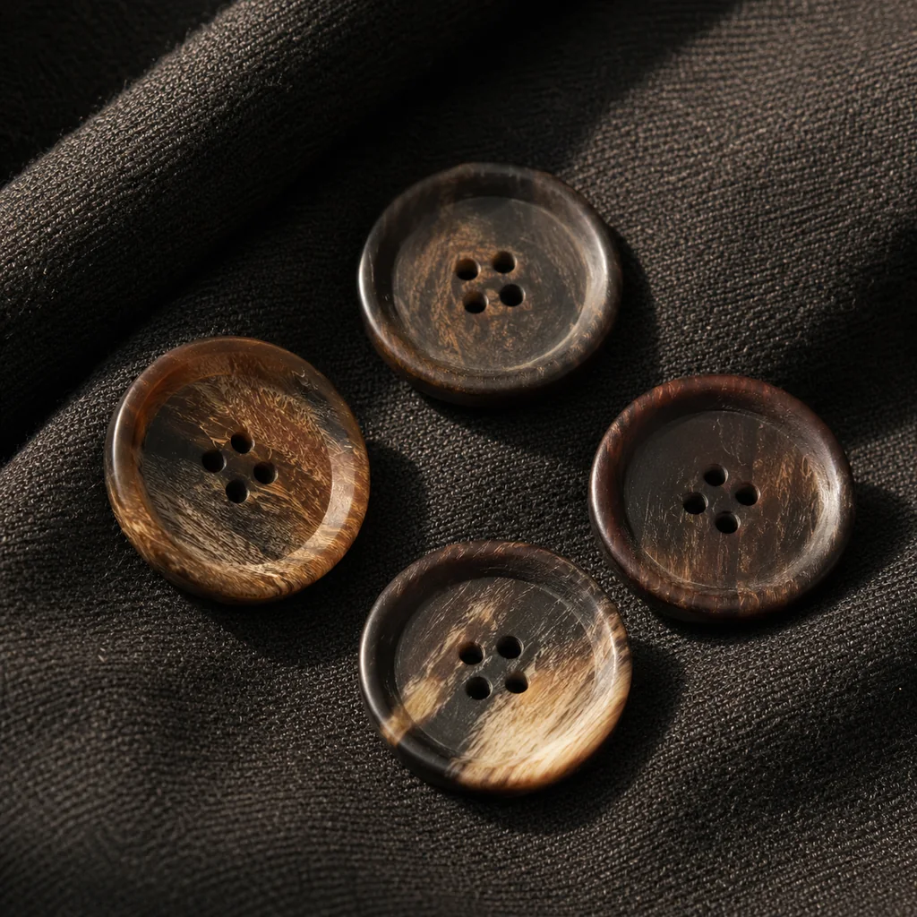 Four dark horn suit buttons on folded charcoal wool, each showing the irregular grain and colour variation of real horn