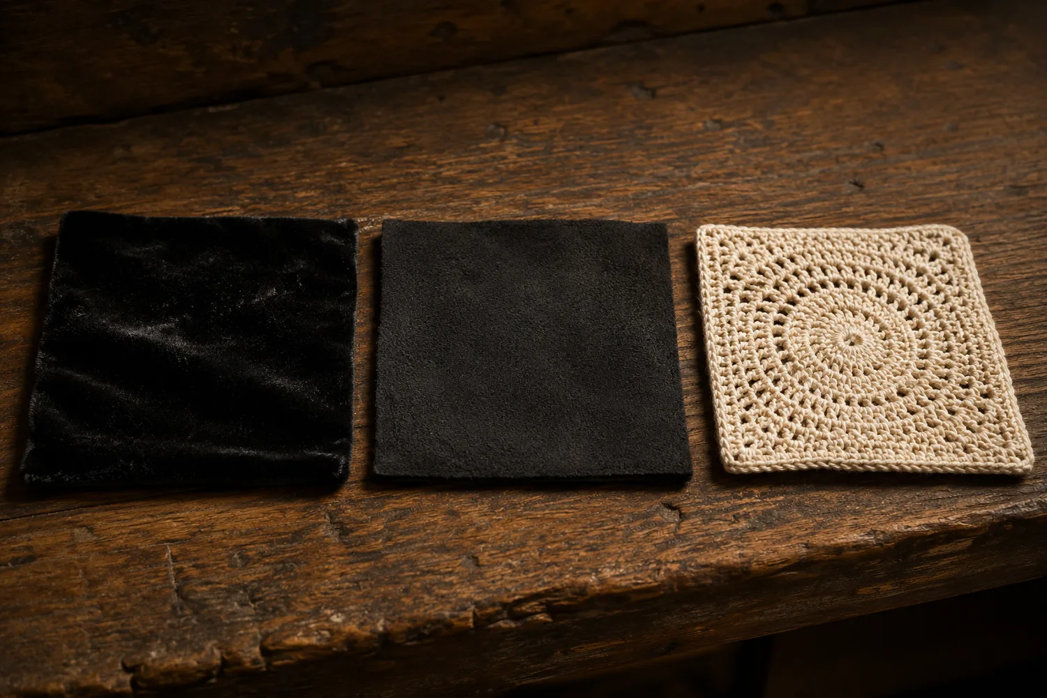 Three squares of material on an oak bench: black cotton velvet with a deep pile, matte black suede, and cream hand-crocheted cotton showing its concentric stitch