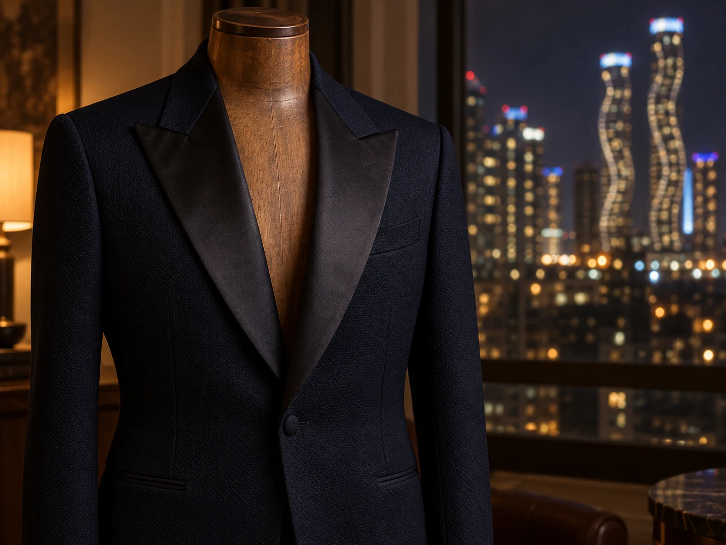 A midnight blue dinner jacket fitted on a wooden tailor's form with no head or arms, chest to waist, Mississauga's skyline lit up at night out the window