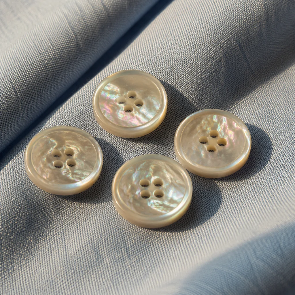 Four mother-of-pearl shirt buttons on pale blue cotton shirting, each showing the iridescent shimmer and layered depth of real shell