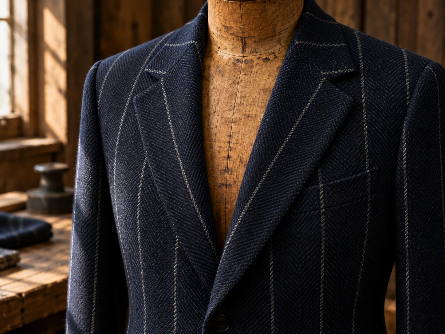 A navy chalkstripe jacket fitted on a wooden tailor's form with no head or arms, chest to waist, by a window in the Vaughan studio