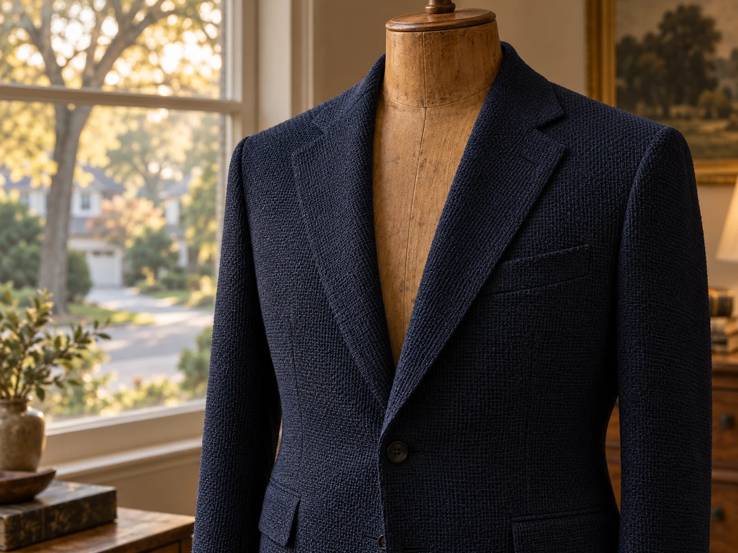 A navy fresco jacket fitted on a wooden tailor's form with no head or arms, chest to waist, a tree-lined Thornhill street out the window