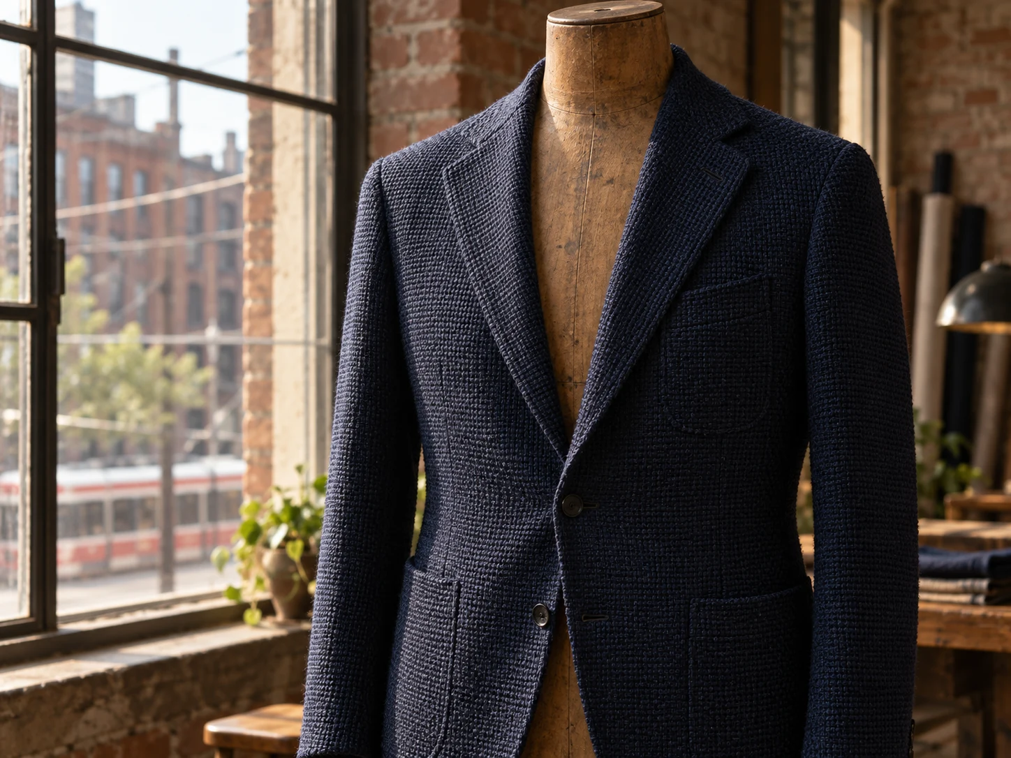 A navy hopsack jacket fitted on a wooden tailor's form with no head or arms, chest to waist, a King West Toronto streetscape out the window