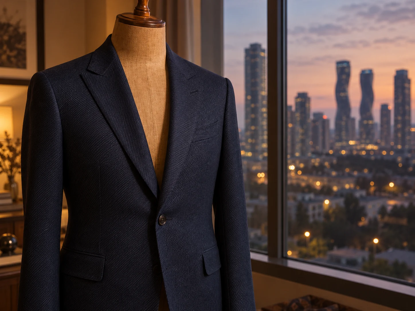 A navy sharkskin jacket fitted on a wooden tailor's form with no head or arms, chest to waist, Mississauga's Absolute World towers out the window at dusk