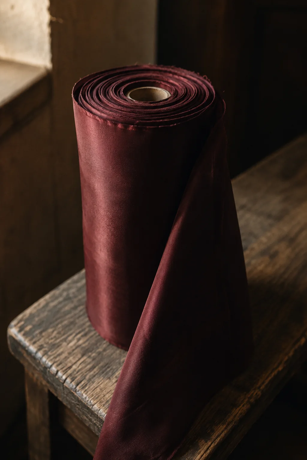 The cut end of a rolled bolt of deep oxblood cupro lining on a worn oak bench, the sheen graduating around the roll