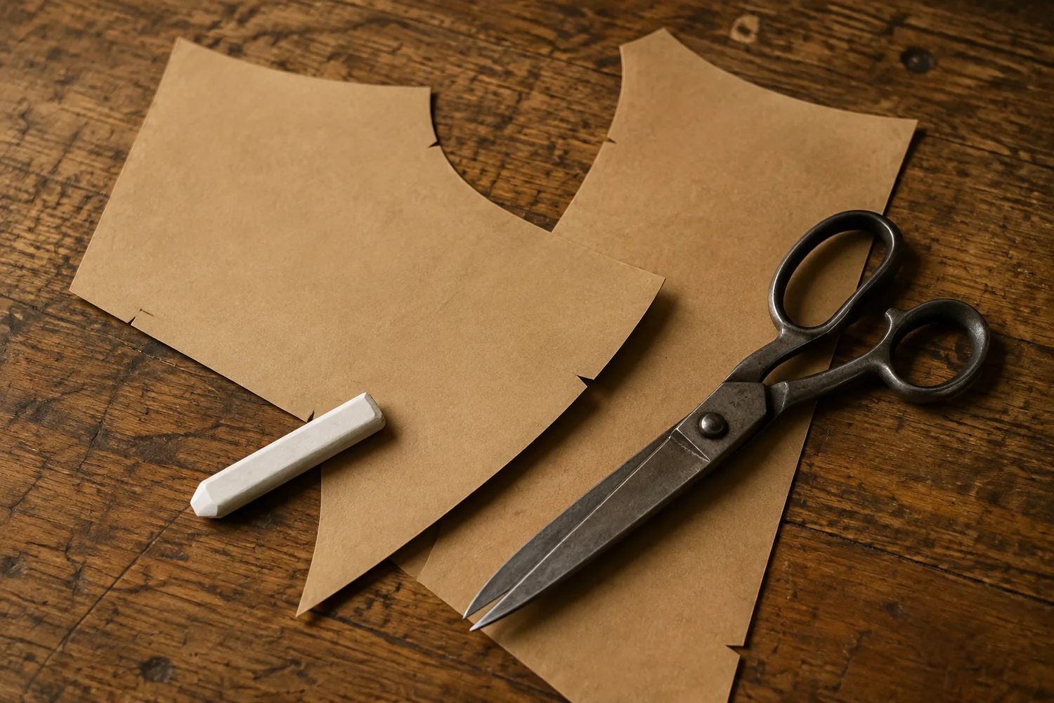 Paper garment patterns laid on a worn oak bench beside a pair of tailor's shears and a coiled tape measure