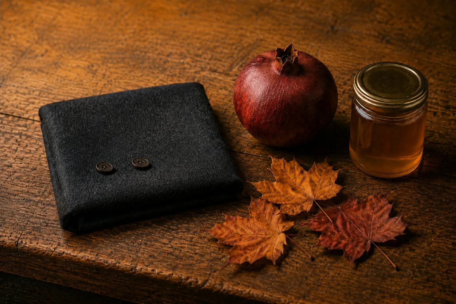 A folded square of charcoal wool suiting with two horn buttons on a worn oak bench, beside a dark red pomegranate, a jar of honey and three dry maple leaves in amber and rust