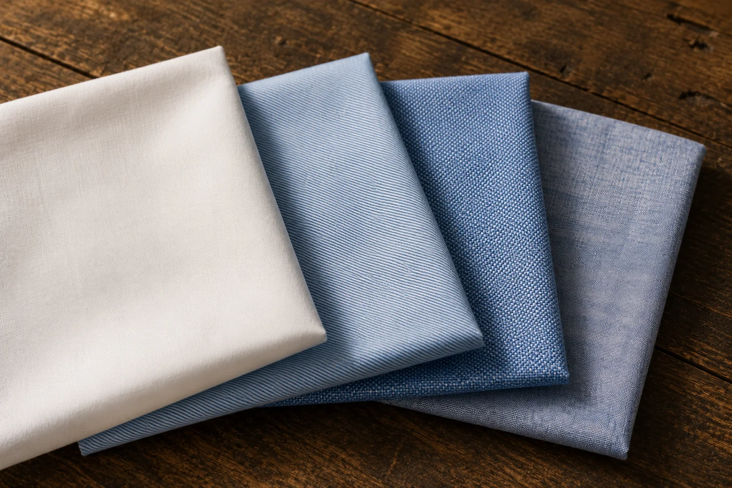 Four squares of two-ply cotton shirting fanned on oak: a white poplin, a blue twill, a textured oxford and a fine end-on-end, each weave clearly different