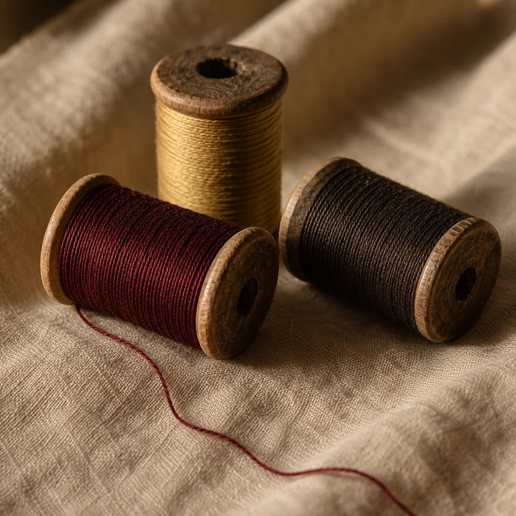 Three wooden spools of tailoring thread on unbleached cotton: oxblood, antique gold and ink brown, with a length of oxblood thread trailing