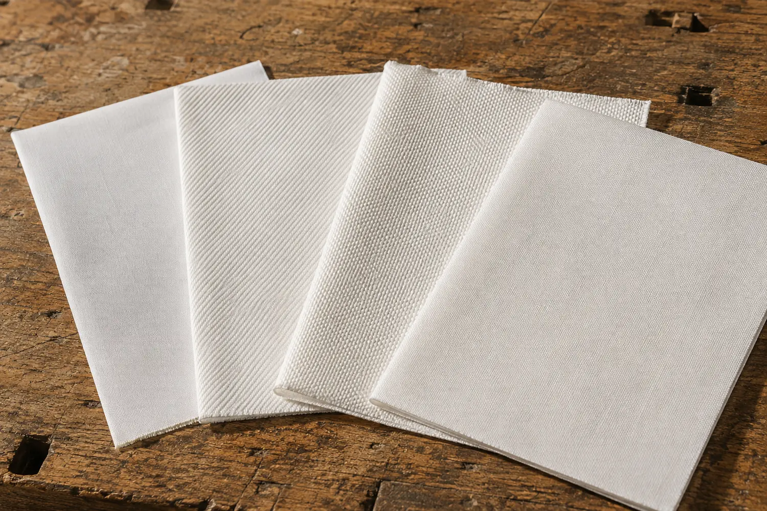 Four squares of white cotton shirting fanned on an oak bench, each a different weave: smooth poplin, diagonal twill, basketweave oxford and dense broadcloth