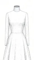 A gown's bodice with long sleeves and a high neck, drawn