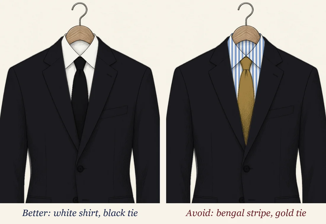 Two black suit jackets drawn in pencil side by side and labelled: better, a white shirt with a black tie; avoid, a Bengal stripe shirt with a gold tie