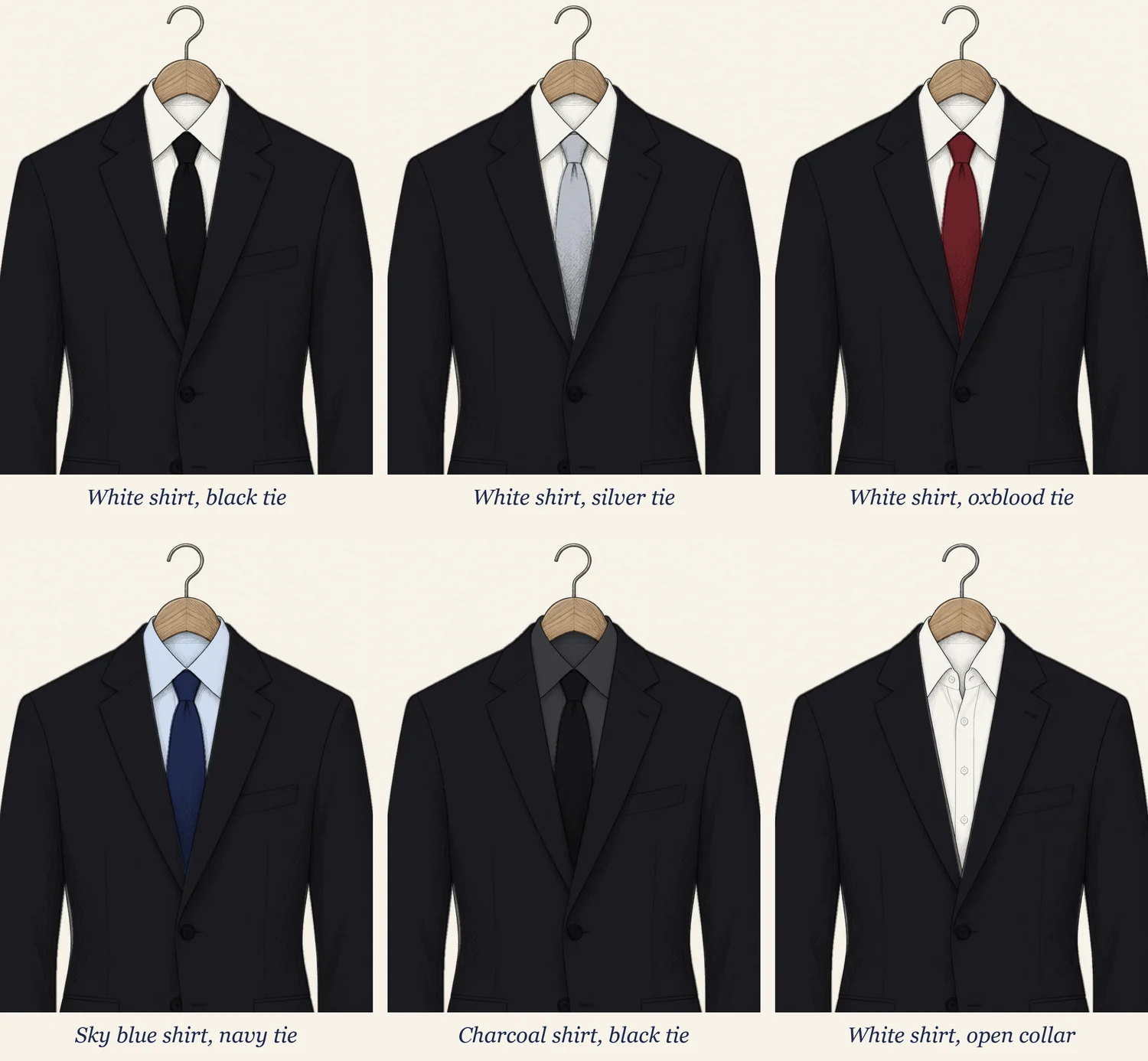 Six black suit jackets on hangers drawn in pencil in two rows, each labelled: white shirt with black tie, white shirt with silver tie, white shirt with oxblood tie, sky blue shirt with navy tie, charcoal shirt with black tie, and a white shirt with an open collar