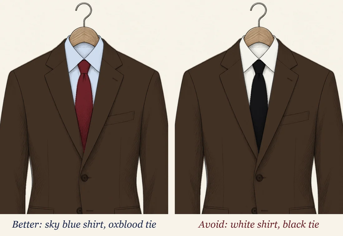 Two brown suit jackets drawn in pencil side by side and labelled: better, a sky blue shirt with an oxblood tie; avoid, a white shirt with a black tie